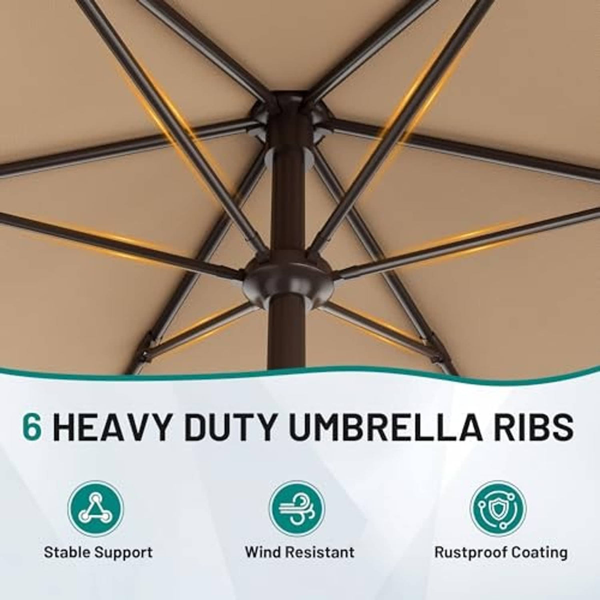 Beige umbrella underside with heavy-duty ribs and central hub