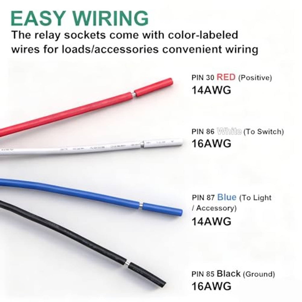 Color-labeled relay wiring harness with red, blue, black, white leads and pin/gauge callouts