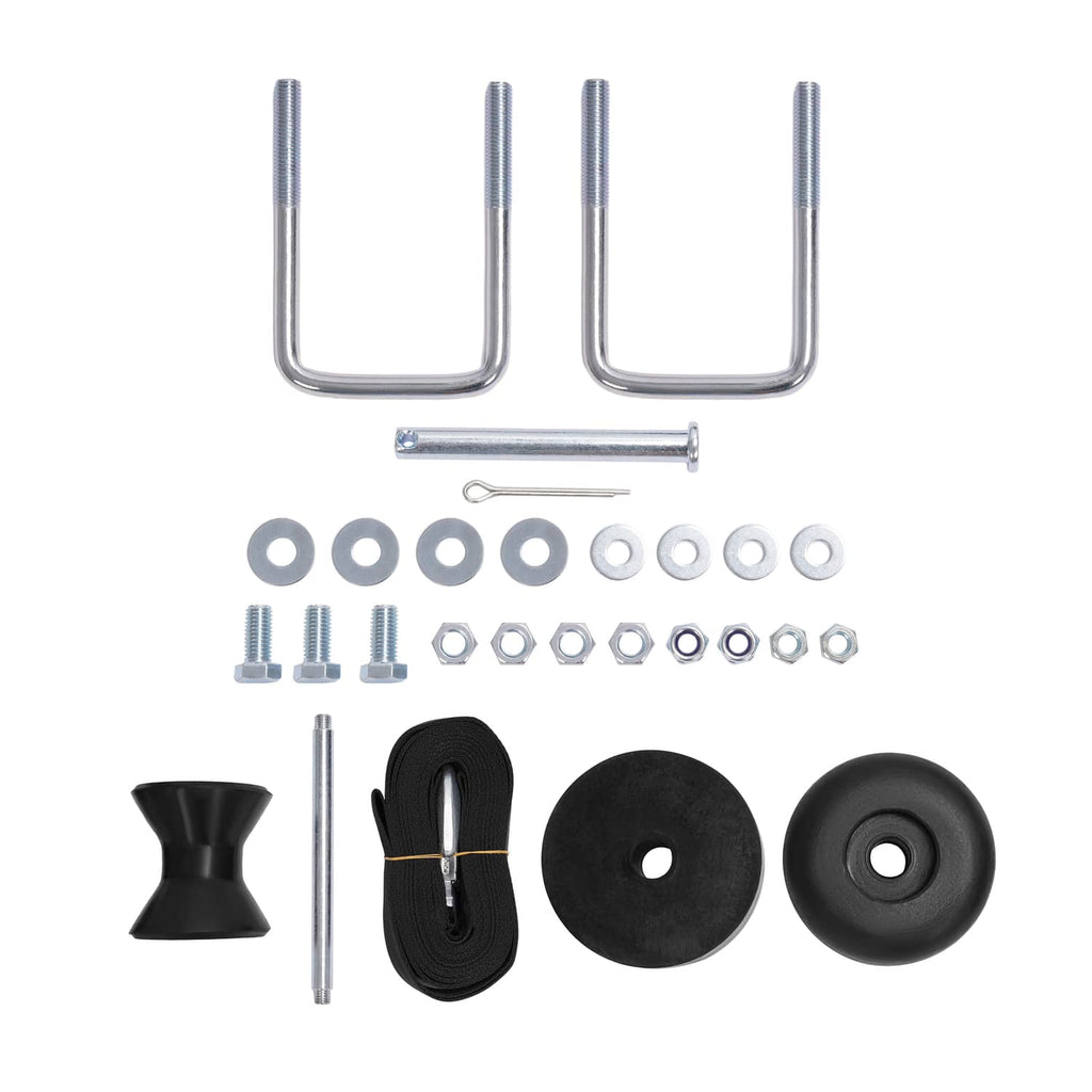 Winch stand hardware set with U-bolts, washers, cotter pins, and black rollers