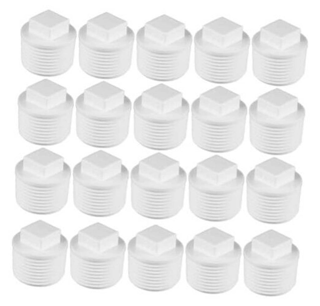 White PVC male thread pipe plug set, hex caps with ribbed threading, 1/2 in