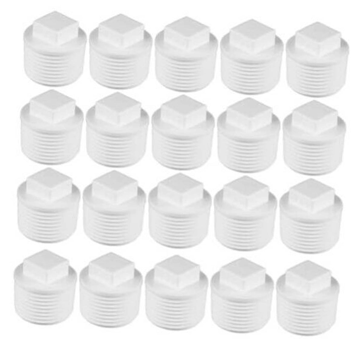 White PVC male thread pipe plug set, hex caps with ribbed threading, 1/2 in