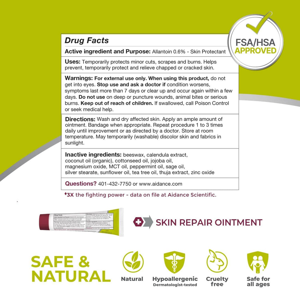 Ointment tube with Drug Facts panel and Safe & Natural certification icons