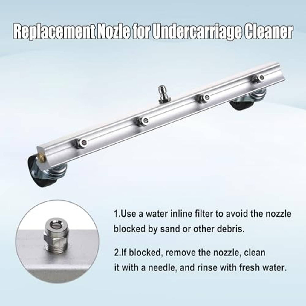 Undercarriage cleaner replacement nozzle bar with caster wheels and threaded insert