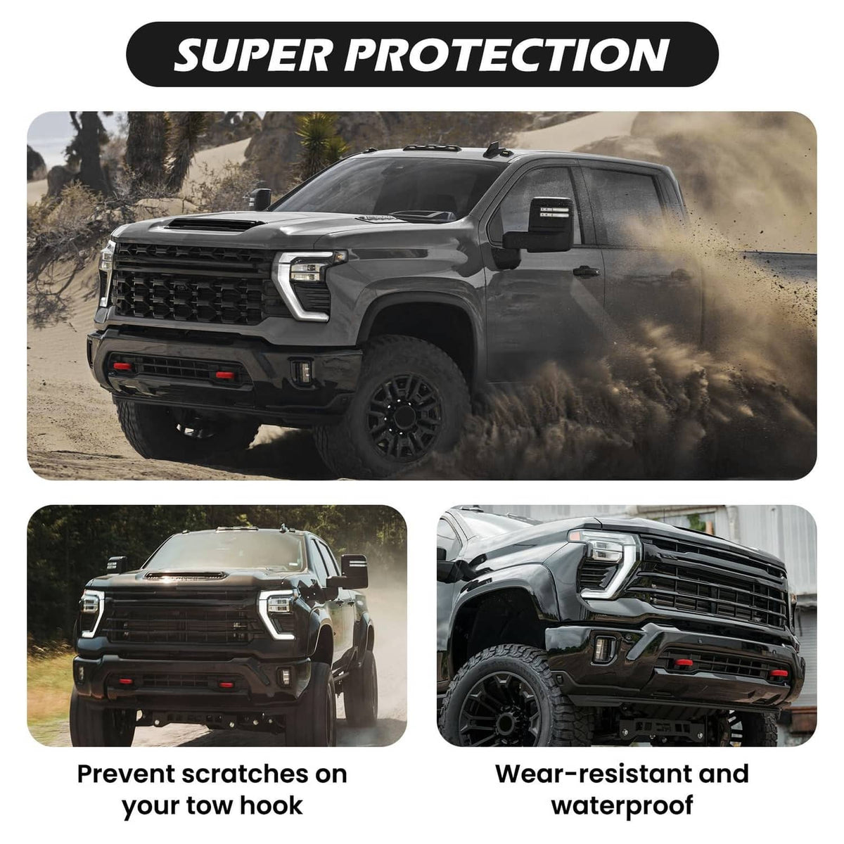 Red silicone tow hook cover installed on a dark truck front