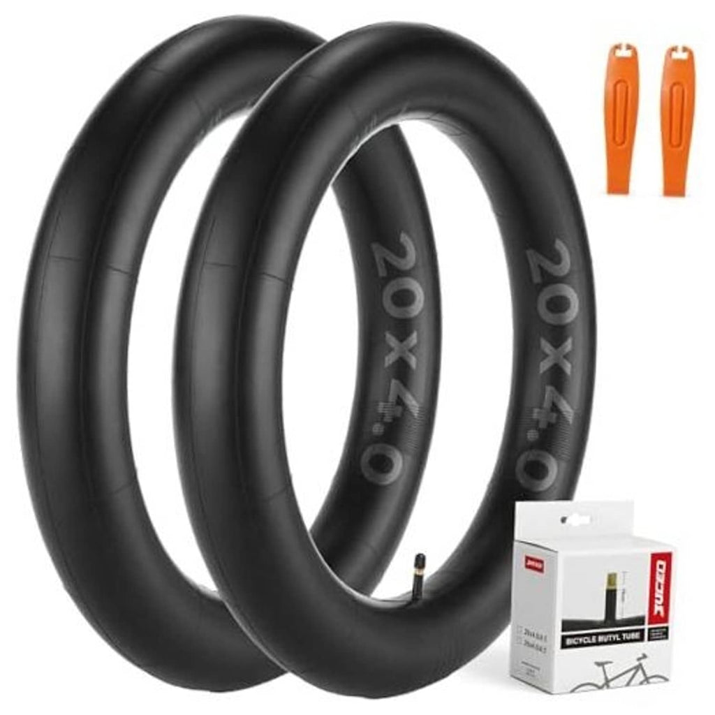 Black 20x4.0 fat bike inner tubes (2-pack) with orange tire levers