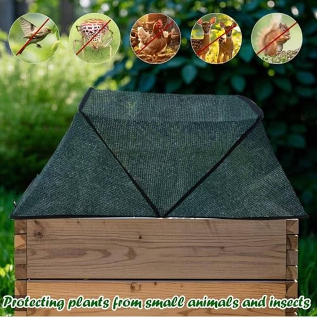 Foldable plant shade tent cover with black-edged frame, on raised wooden bed