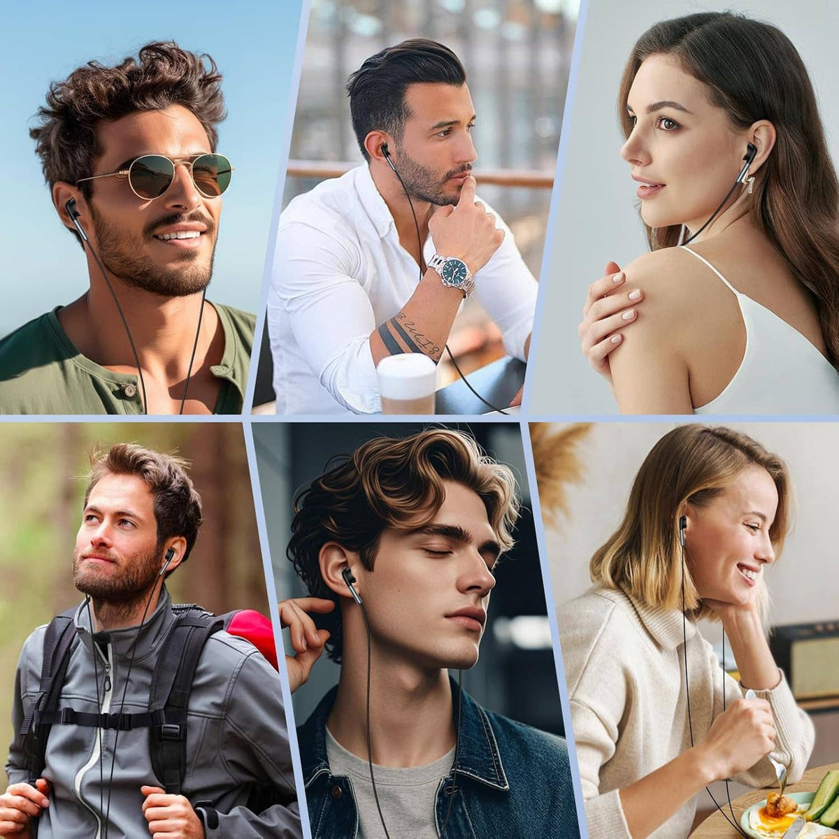 People wearing wired earbuds with black ear tips and visible neck cable