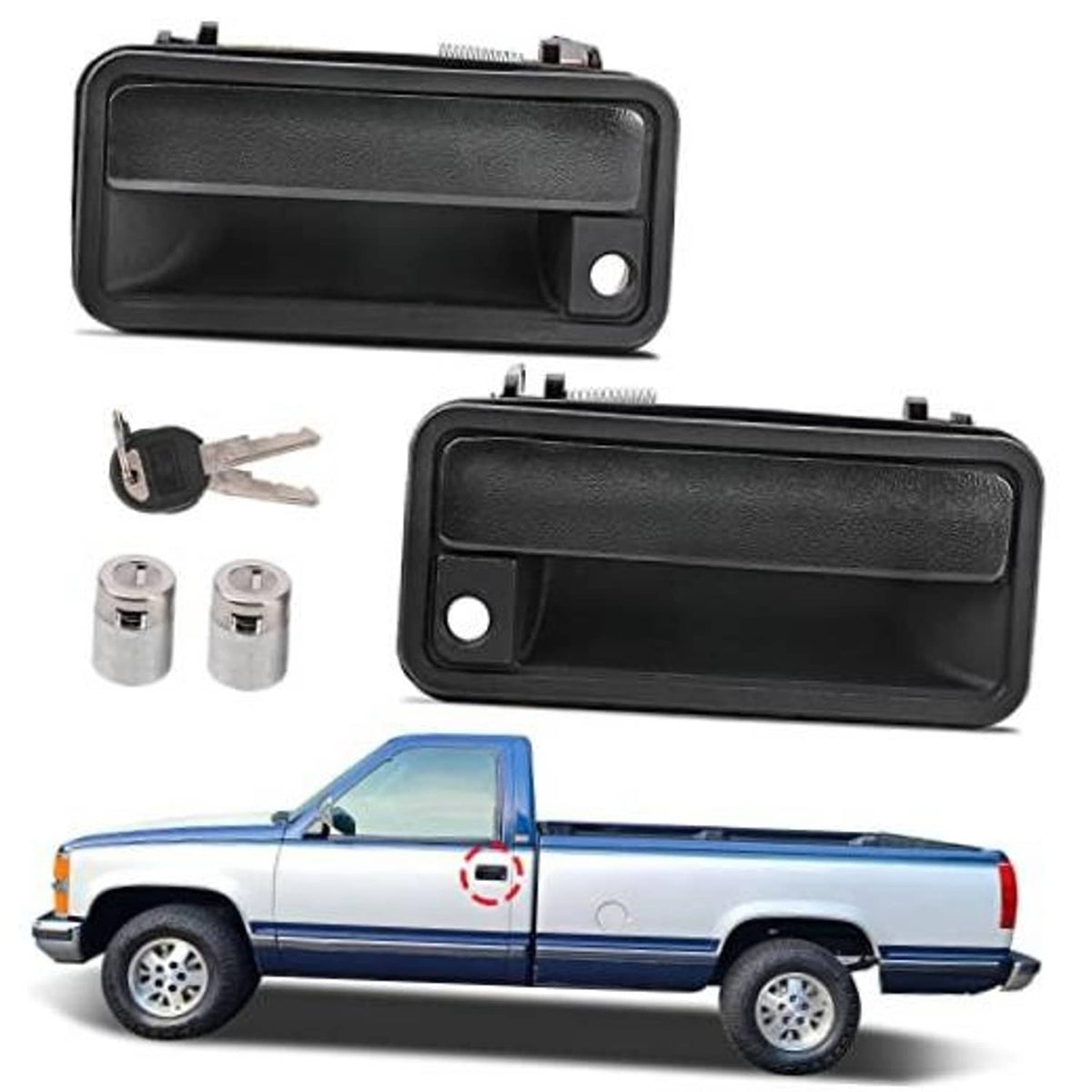 Pair of black exterior door handles with lock, key cylinder and two keys