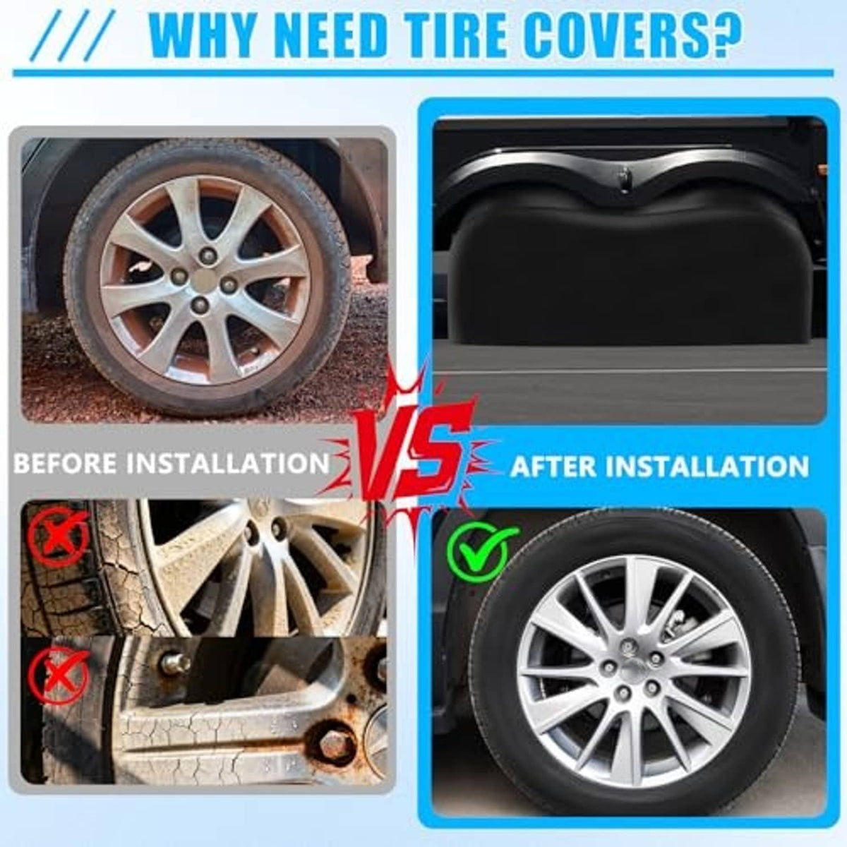 Black tire cover for RV wheel, before-and-after on a rim