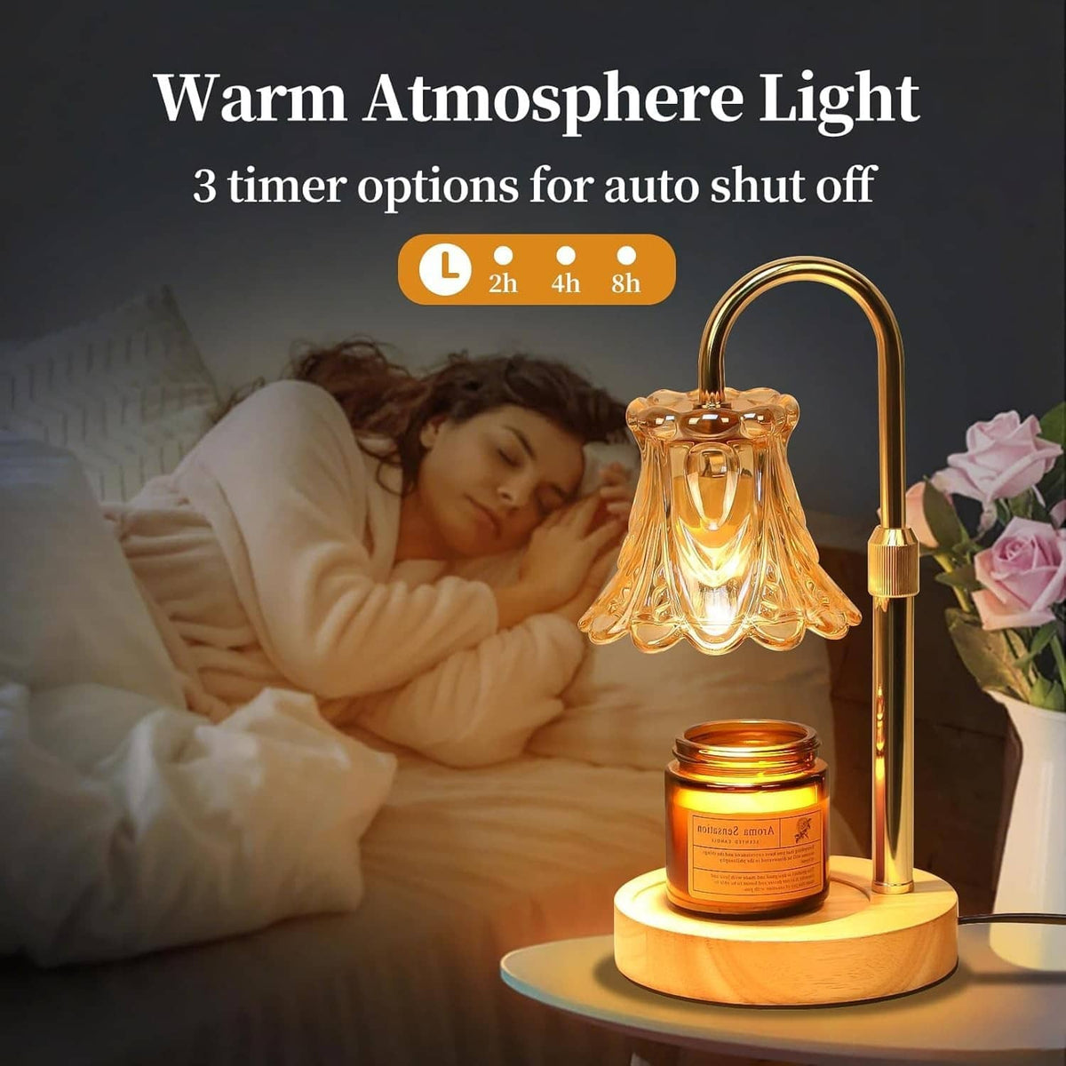 Electric candle warmer lamp on round wood base with amber glass shade and candle jar.