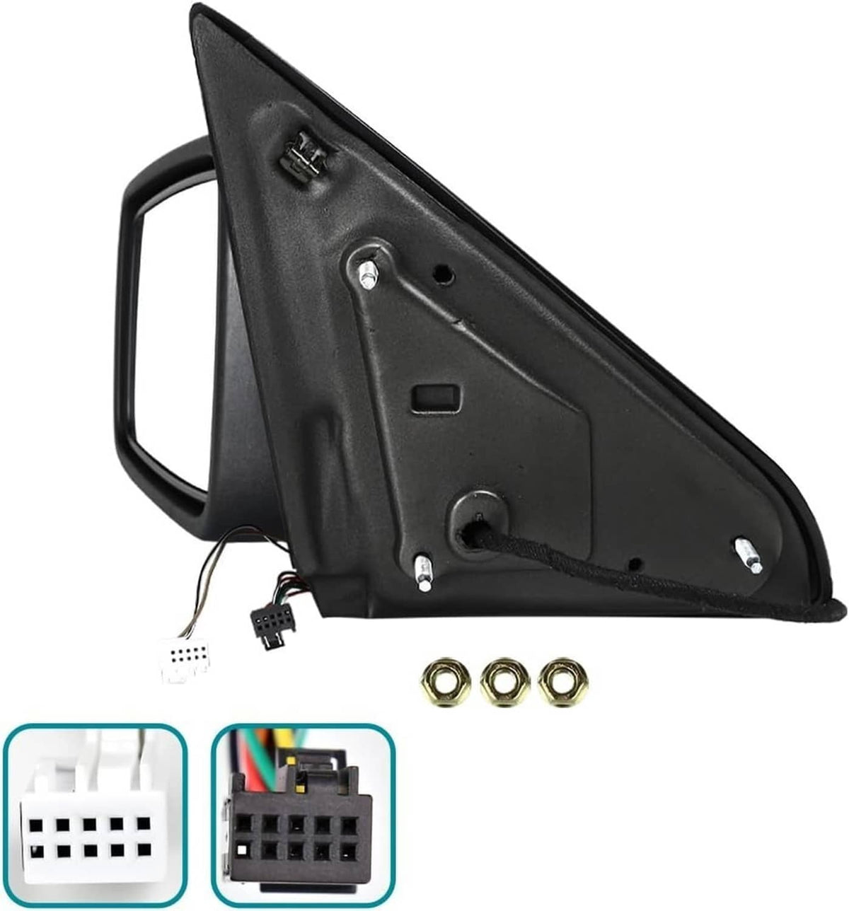 Back of side mirror with wiring connectors and mounting screws