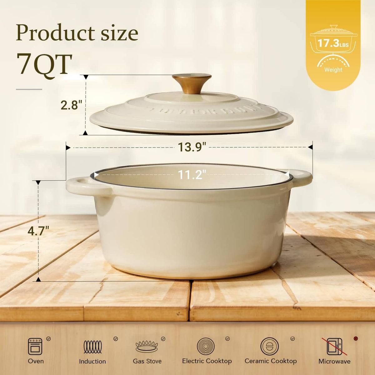 Cream 7 qt enamel cast iron Dutch oven with domed lid and side handles