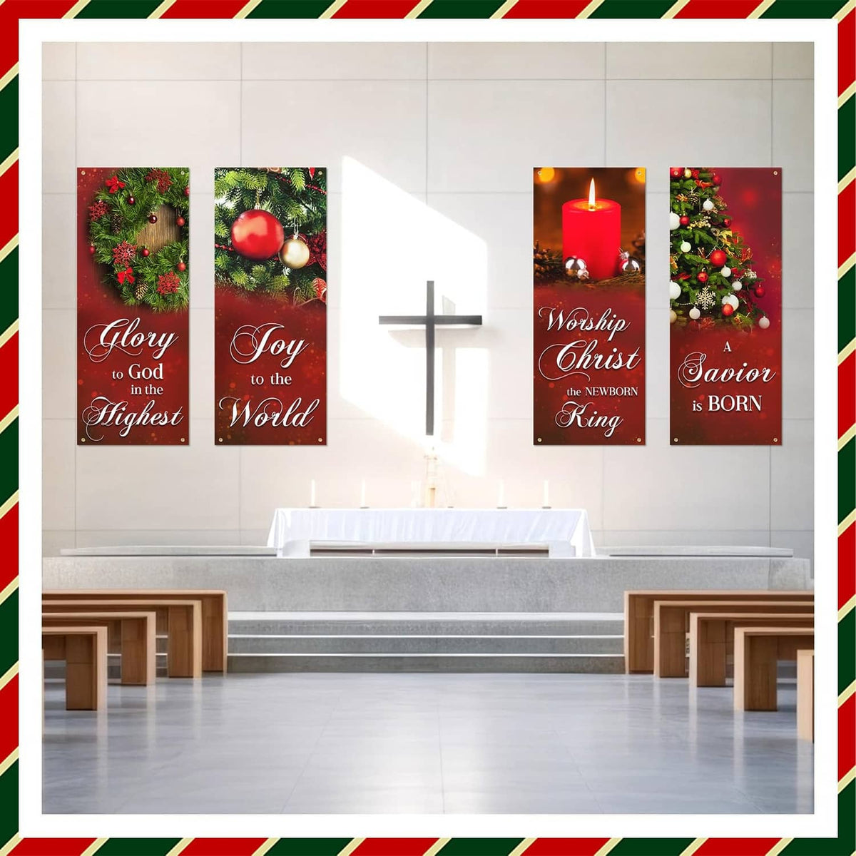 Four vertical church banners displayed with wreath and candle art and religious script
