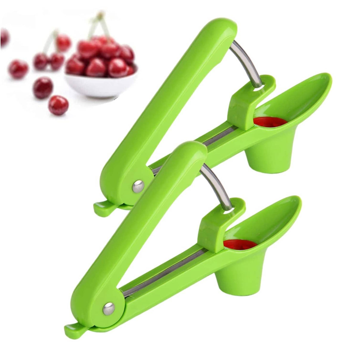 Green cherry pitter tool set, two-handled design with metal prongs and catch cup
