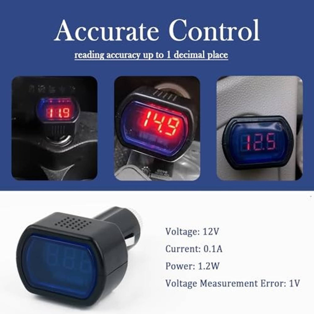 Car cigarette lighter voltage meter with blue digital display and example readings
