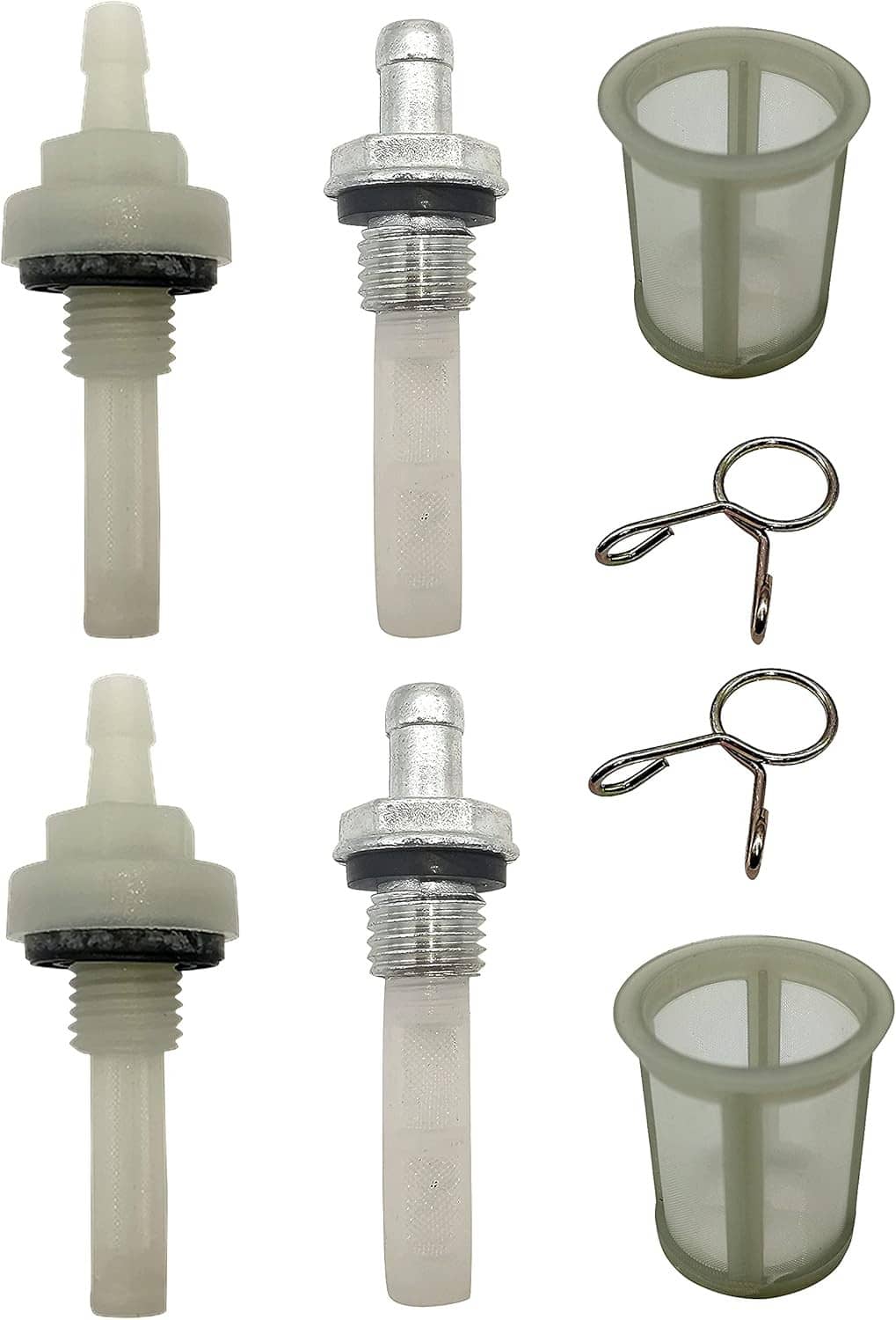 Fuel tank outlet filter screen kit featuring translucent filters, metal threaded fitting, and clips