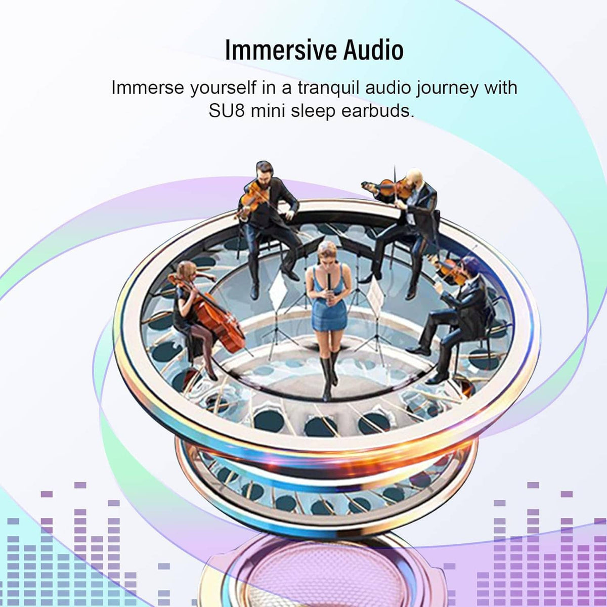 Black wireless sleep earbuds with sound-wave graphic over charging case base