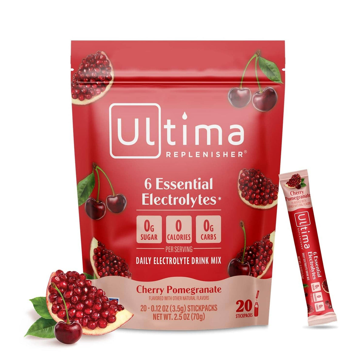 Cherry pomegranate electrolyte drink mix stickpack and pouch, red packaging