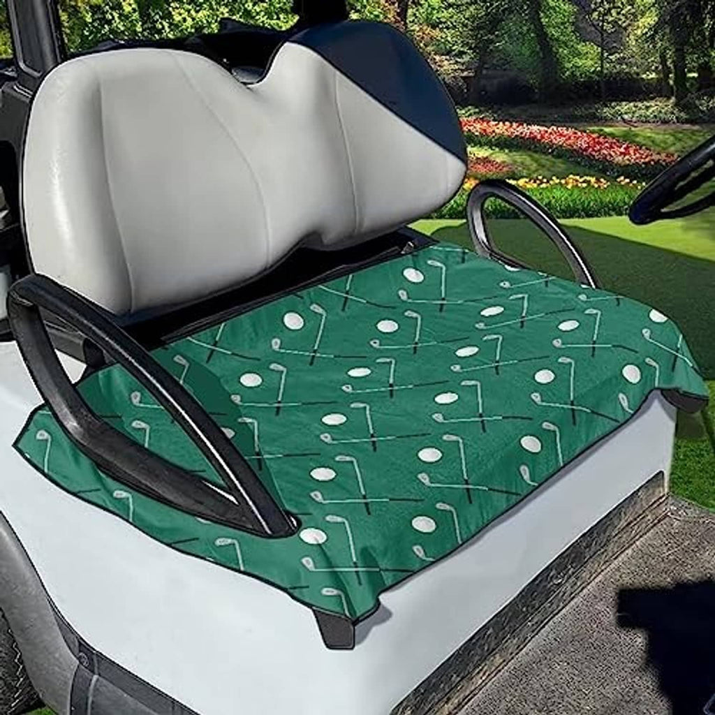 Green golf cart seat towel with white golf-club pattern, covering the front seat