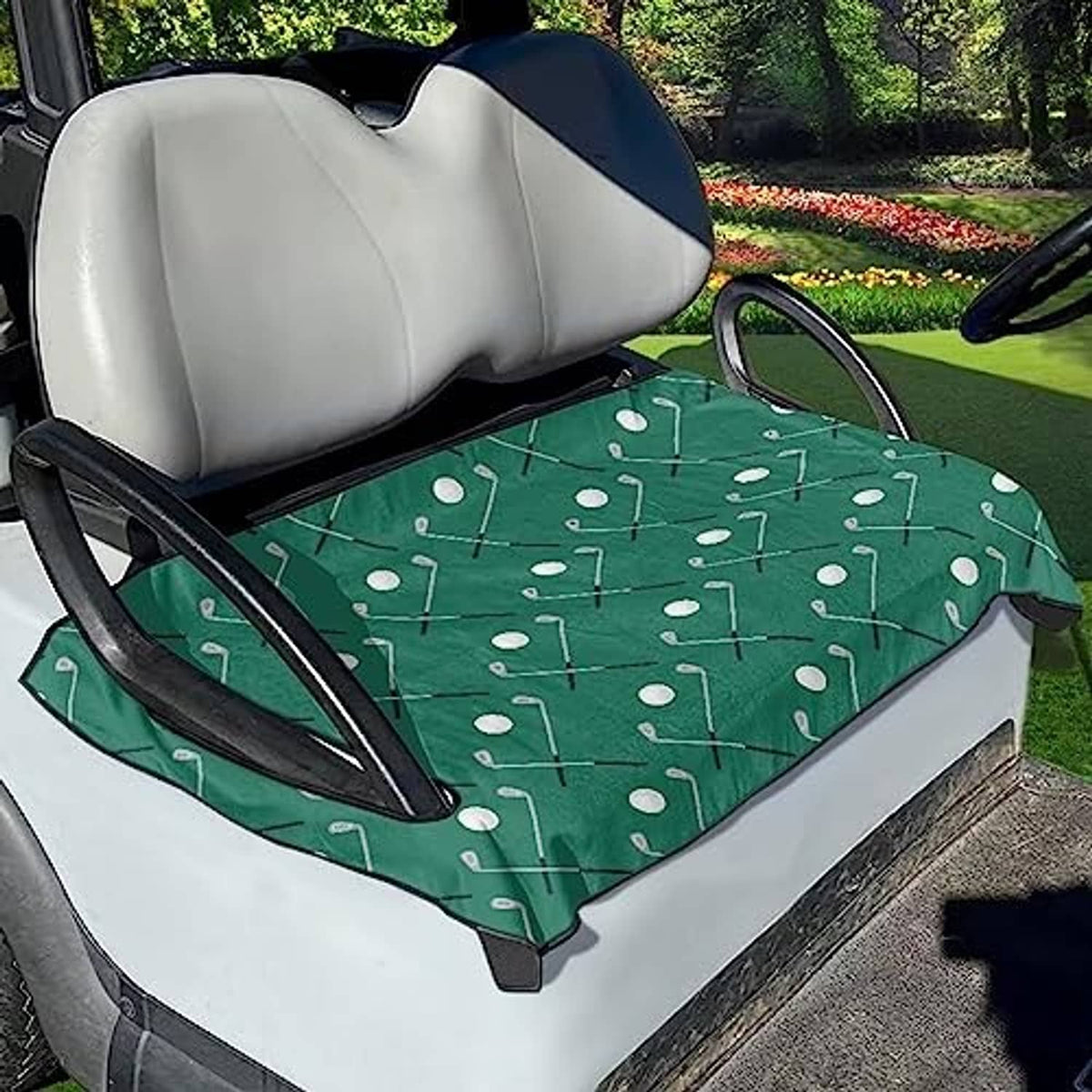 Green golf cart seat towel with white golf-club pattern, covering the front seat