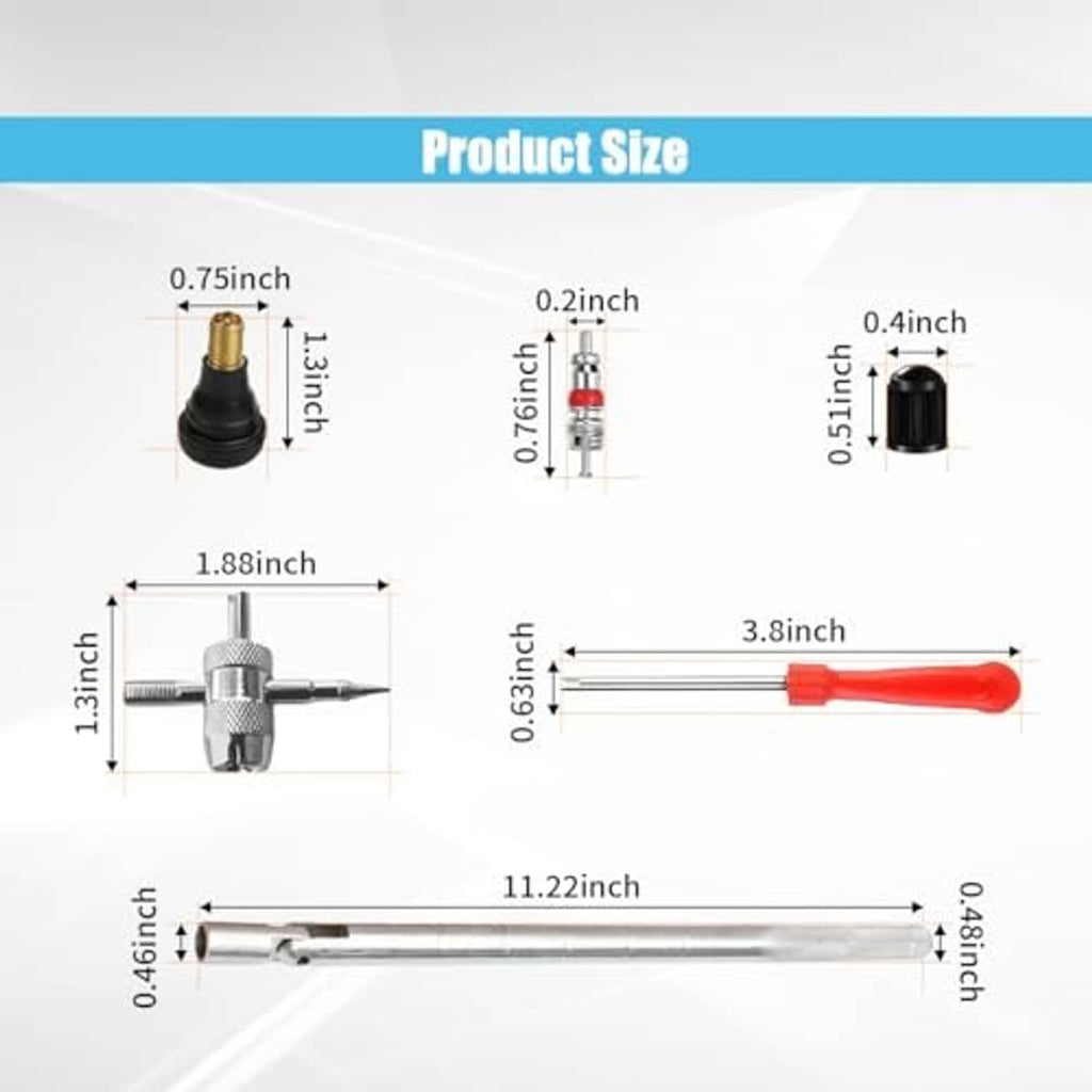 Tire valve stem puller and installer tool with included valve parts and size measurements