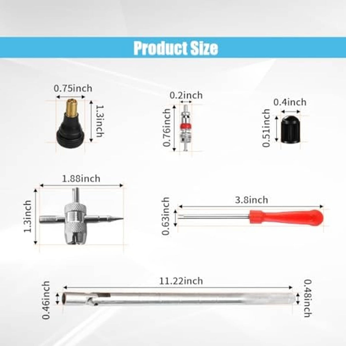 Tire valve stem puller and installer tool with included valve parts and size measurements