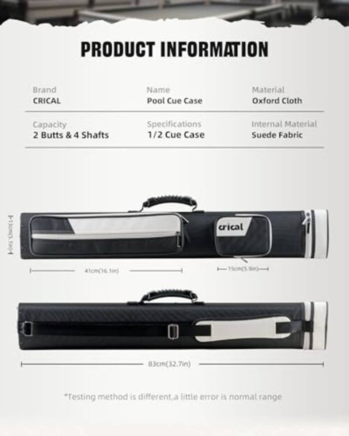 Black pool cue case with white lining and adjustable strap, side view