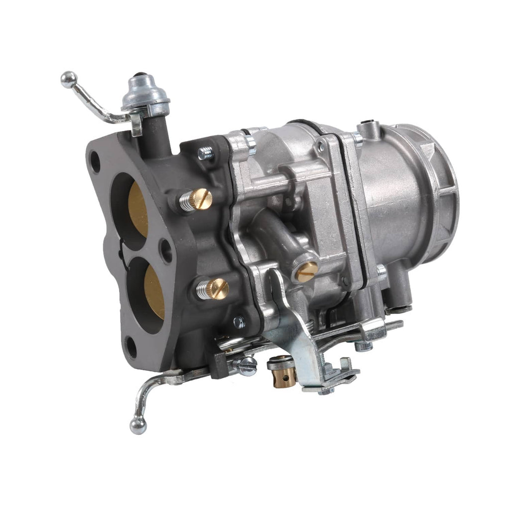 2-barrel carburetor with black flange, silver body, and vacuum/adjustment fittings