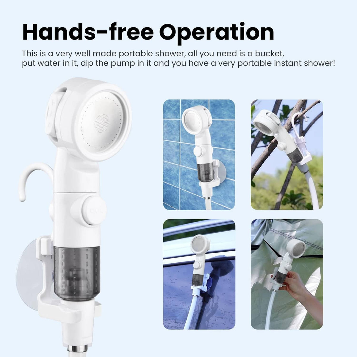 Hands-free portable electric shower pump with spray head and hose