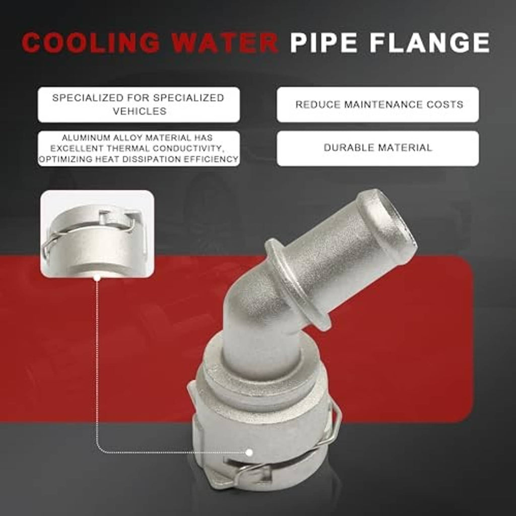 Aluminum cooling water pipe flange connector with curved hose outlet and clamp