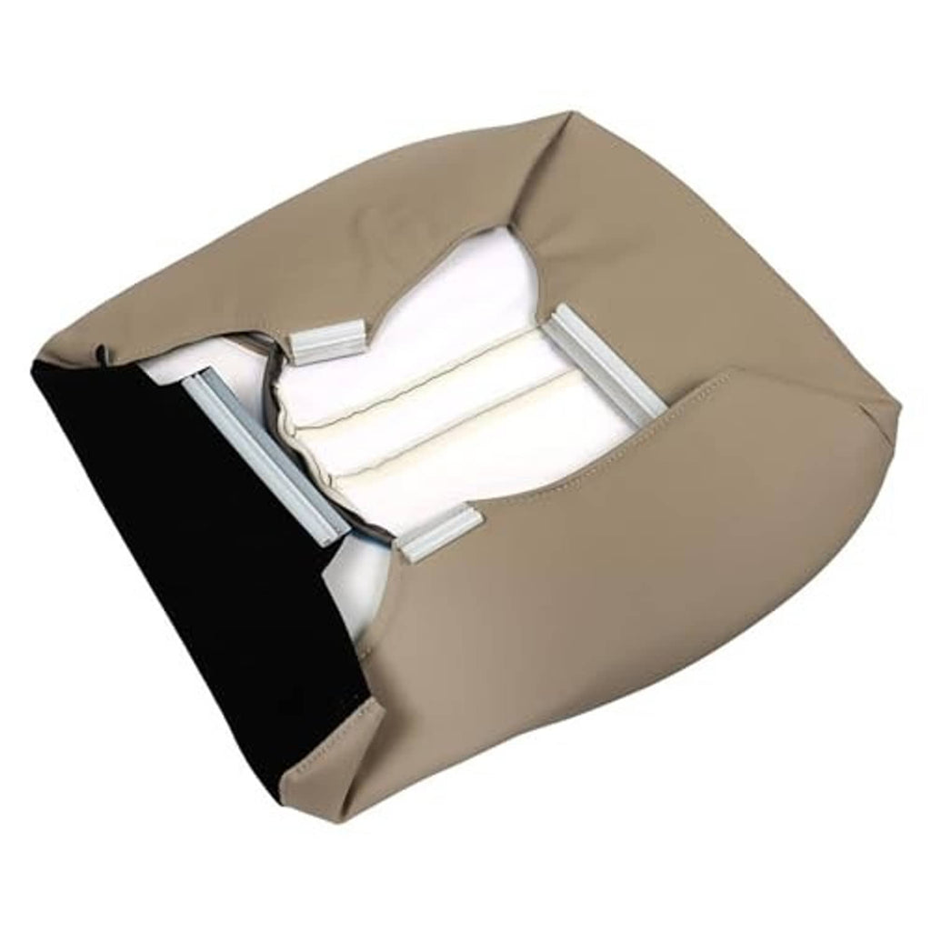 Tan synthetic leather seat bottom cover with exposed interior mounting hardware