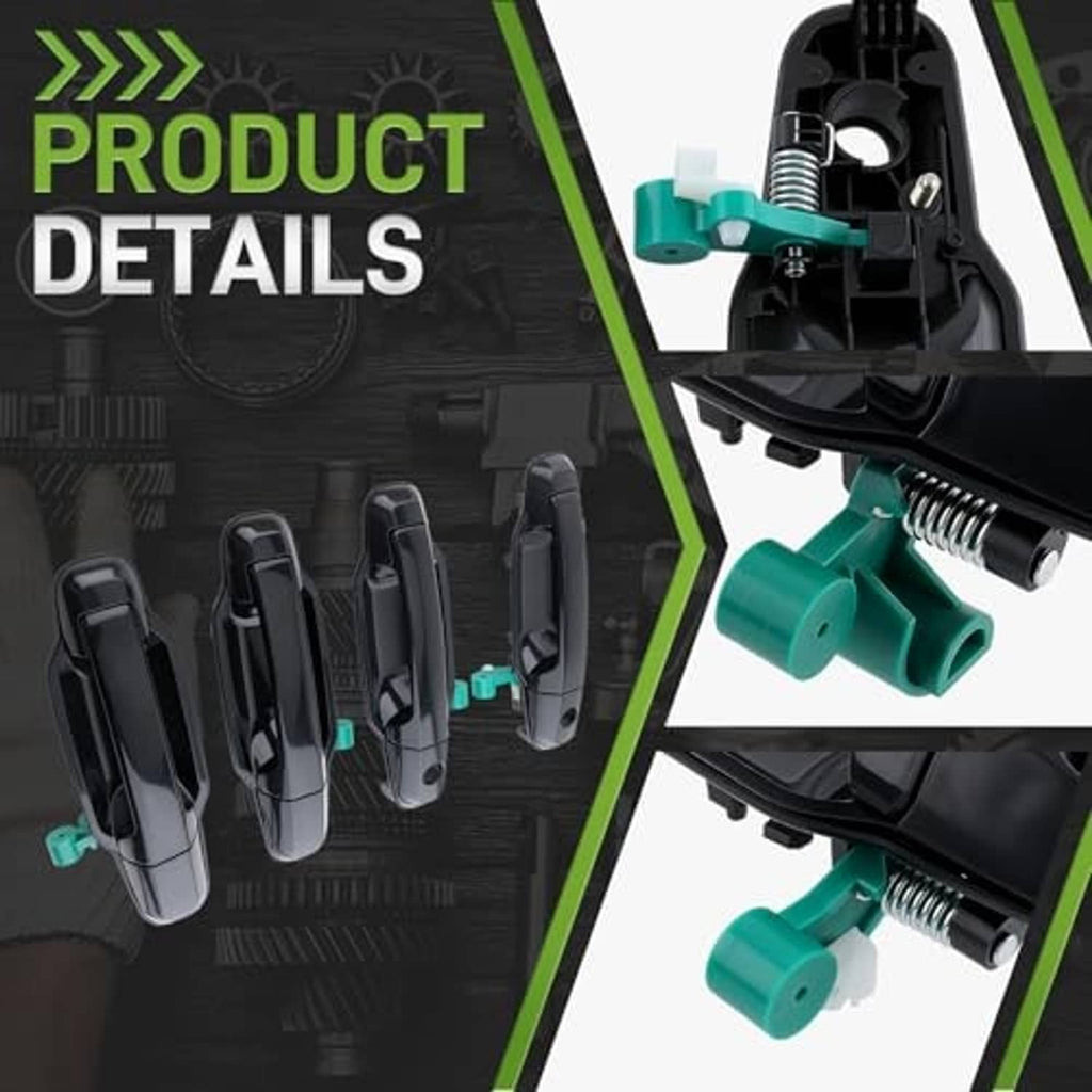 Black door handle parts with green clips and metal spring mechanism detail