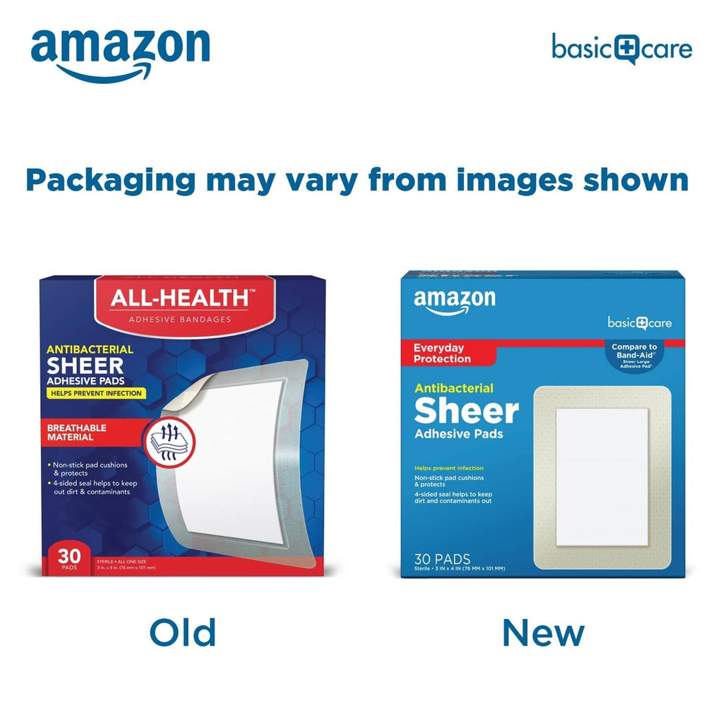 Basic Care sheer adhesive pad bandage boxes, showing old vs new packaging