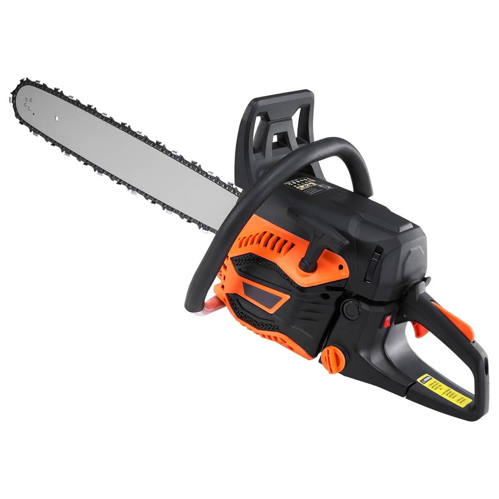 Orange and black gas chainsaw with long steel guide bar and front hand guard