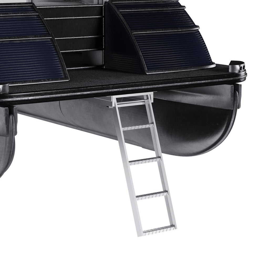 4-step aluminum boat ladder under pontoon, showing rung texture and top bracket