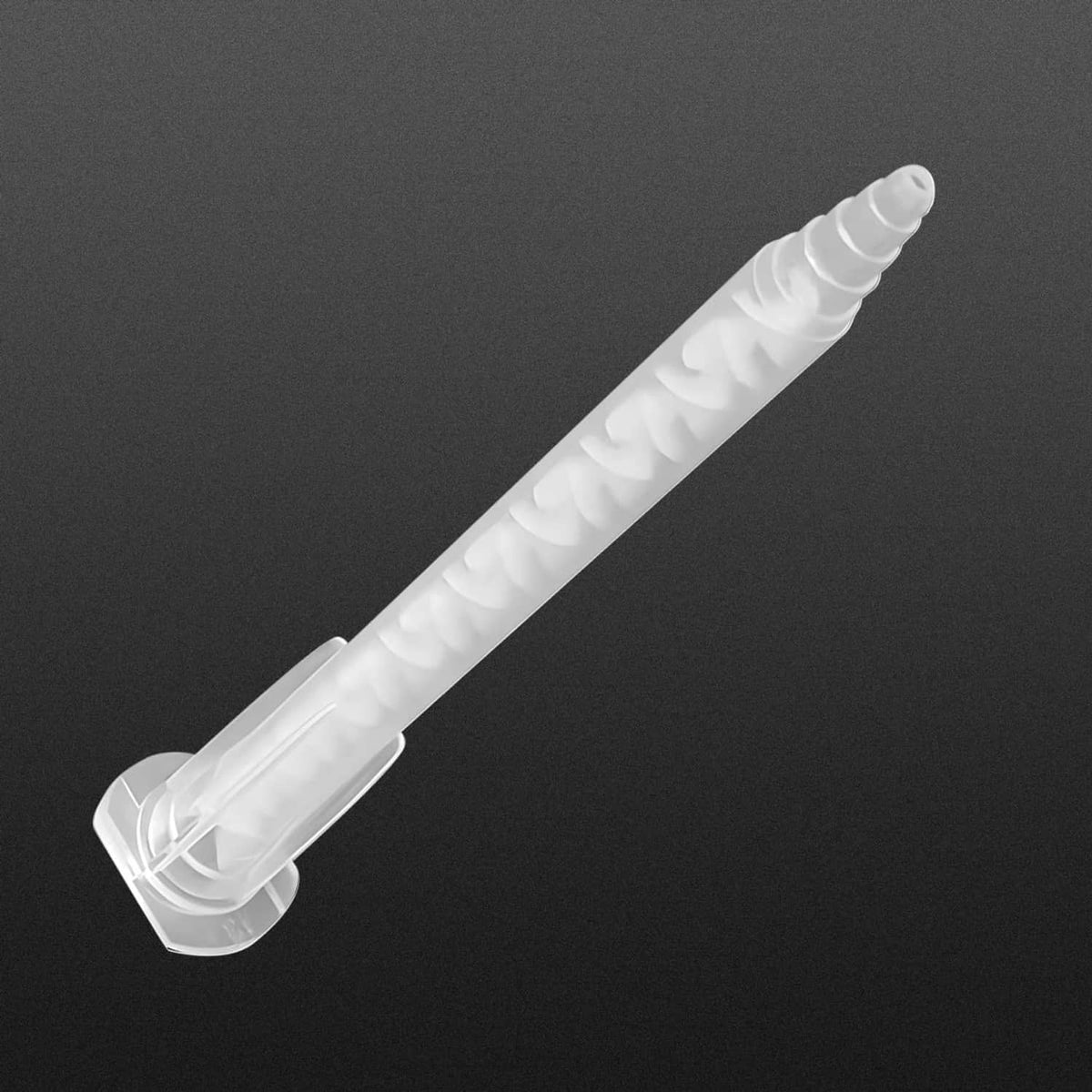 Single clear static mixer nozzle tip with helical mixing channels, angled view