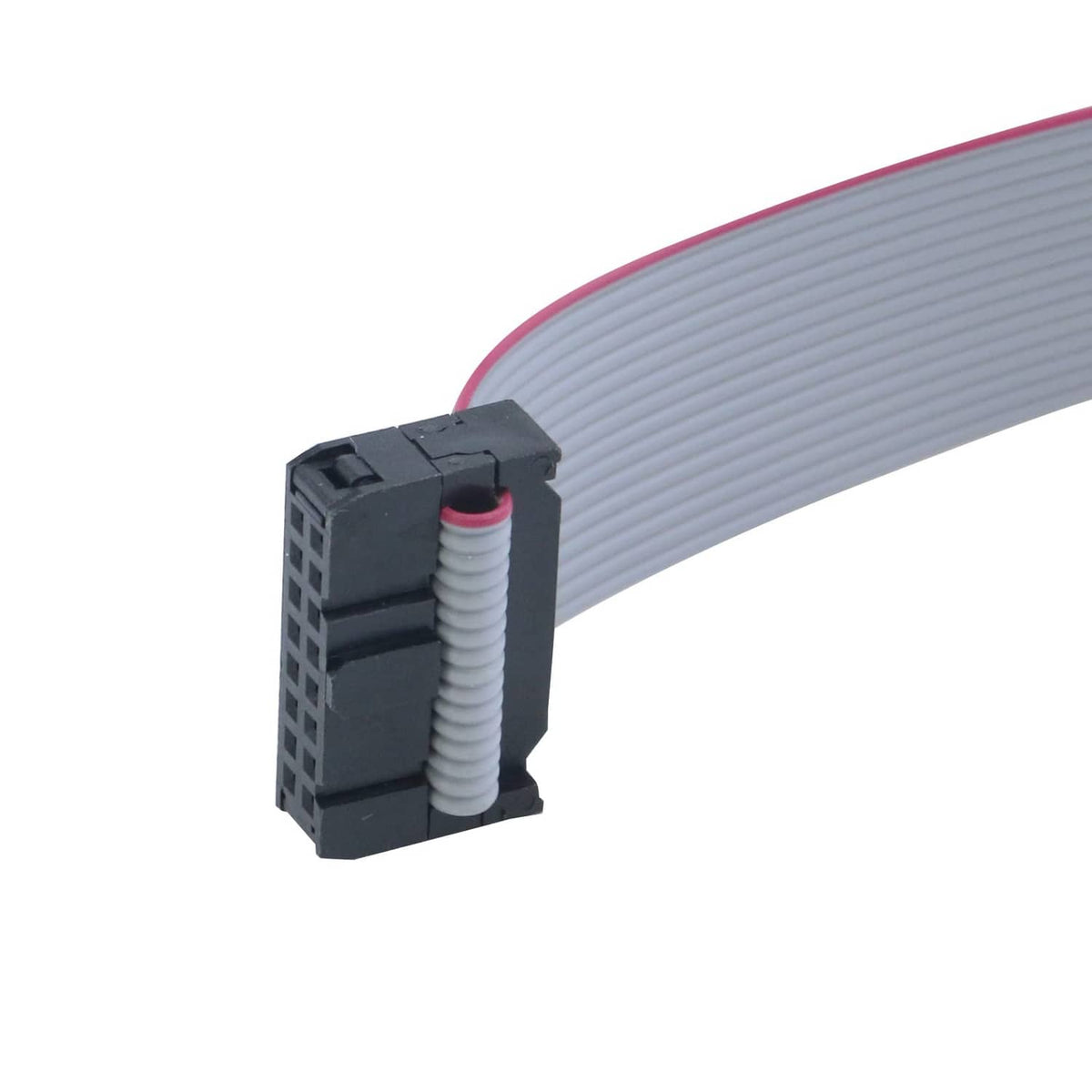 16-pin IDC connector on gray flat ribbon cable with red wiring