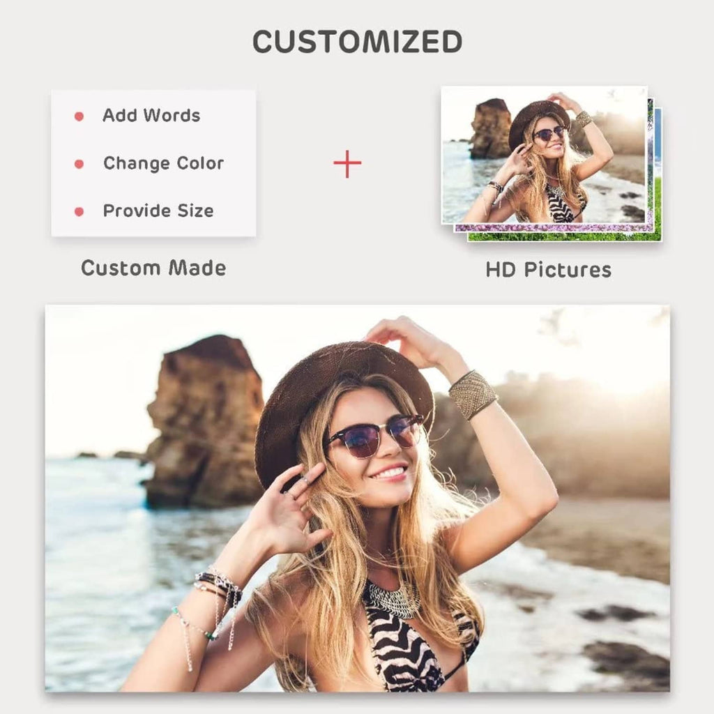 Customized fabric backdrop preview with HD photo of woman at seaside