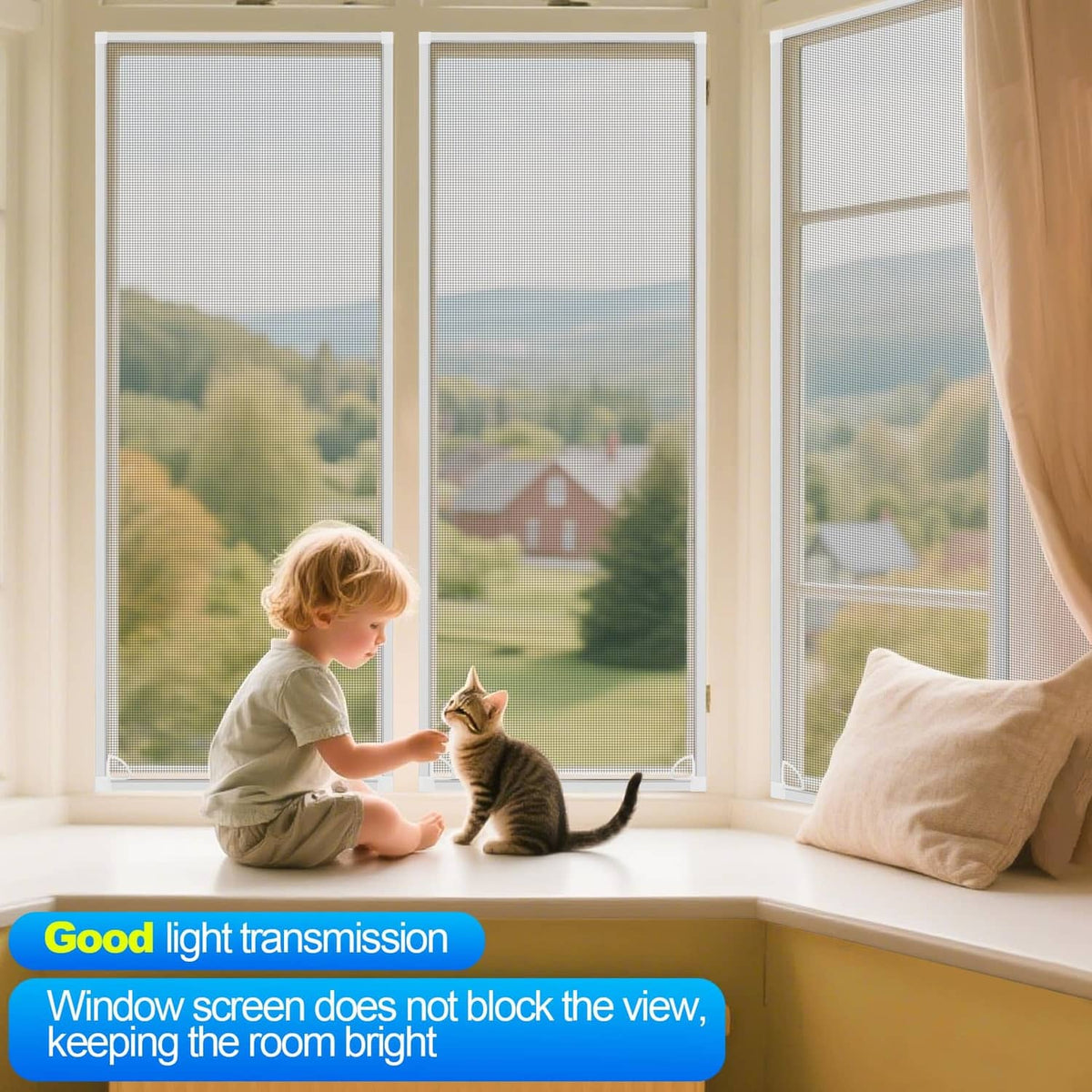 Window insect screen fitted on multiple windows, with light mesh visible