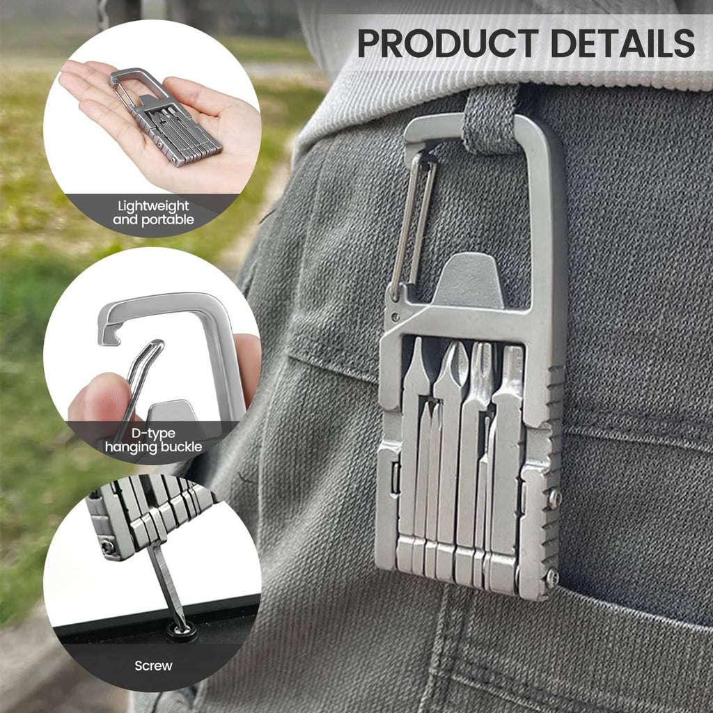 Stainless steel mini multi-tool clipped to a bag strap with key ring and bit slots