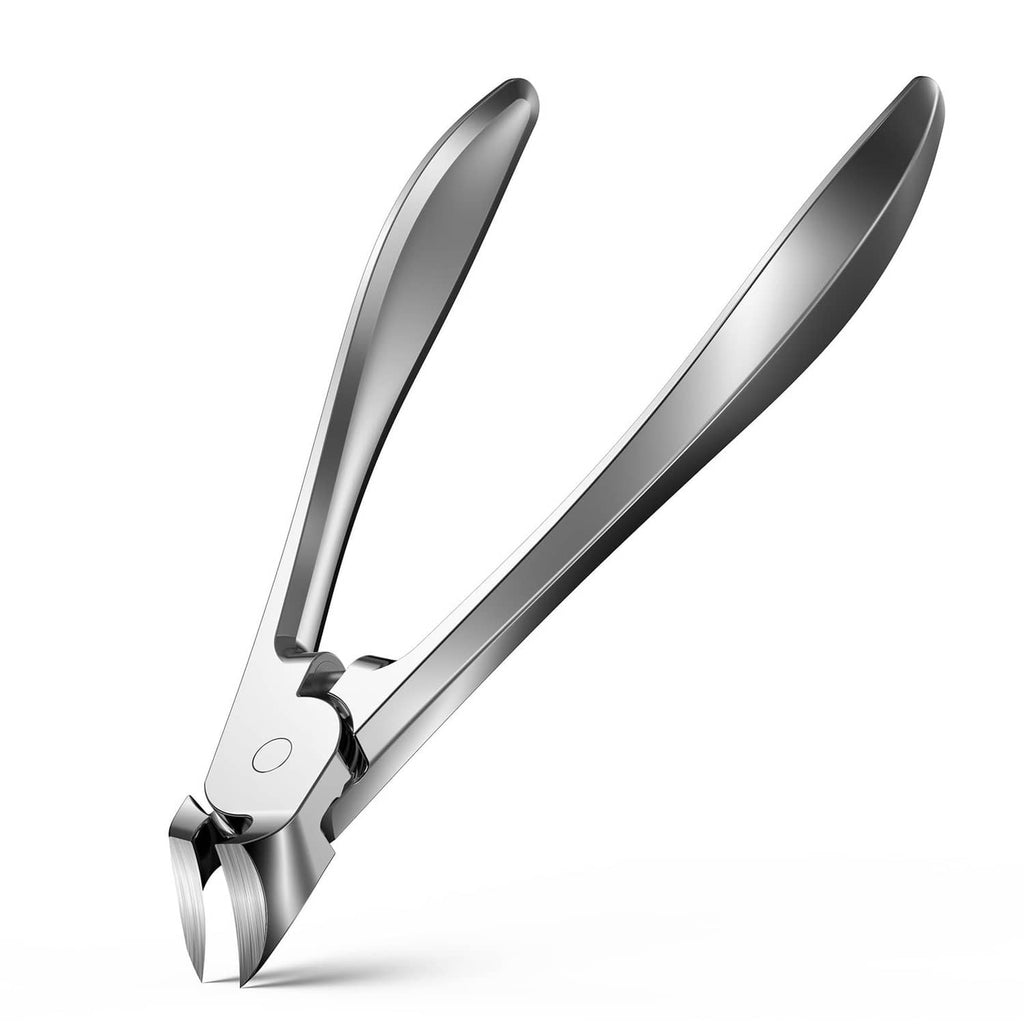 Silver toenail clipper front view with curved blades and cutting notch