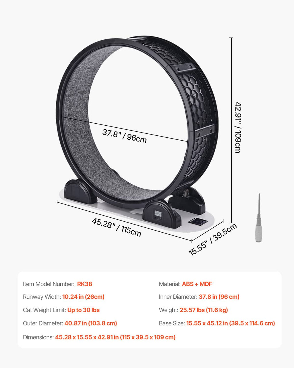 Black cat exercise wheel with grey tread ring and size measurement markings