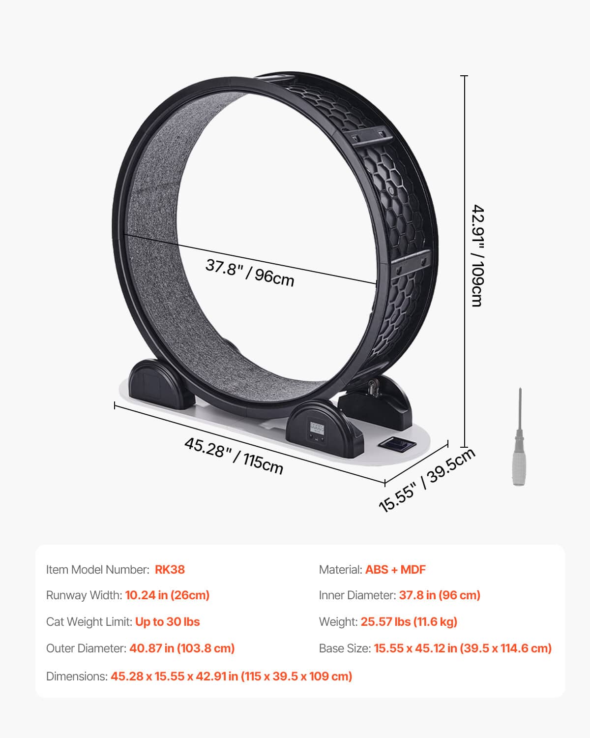 Black cat exercise wheel with grey tread ring and size measurement markings