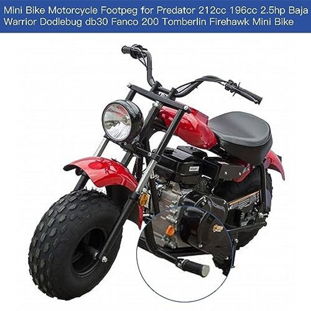 Mini bike foot peg pair on a small red motorcycle, black grips with silver brackets