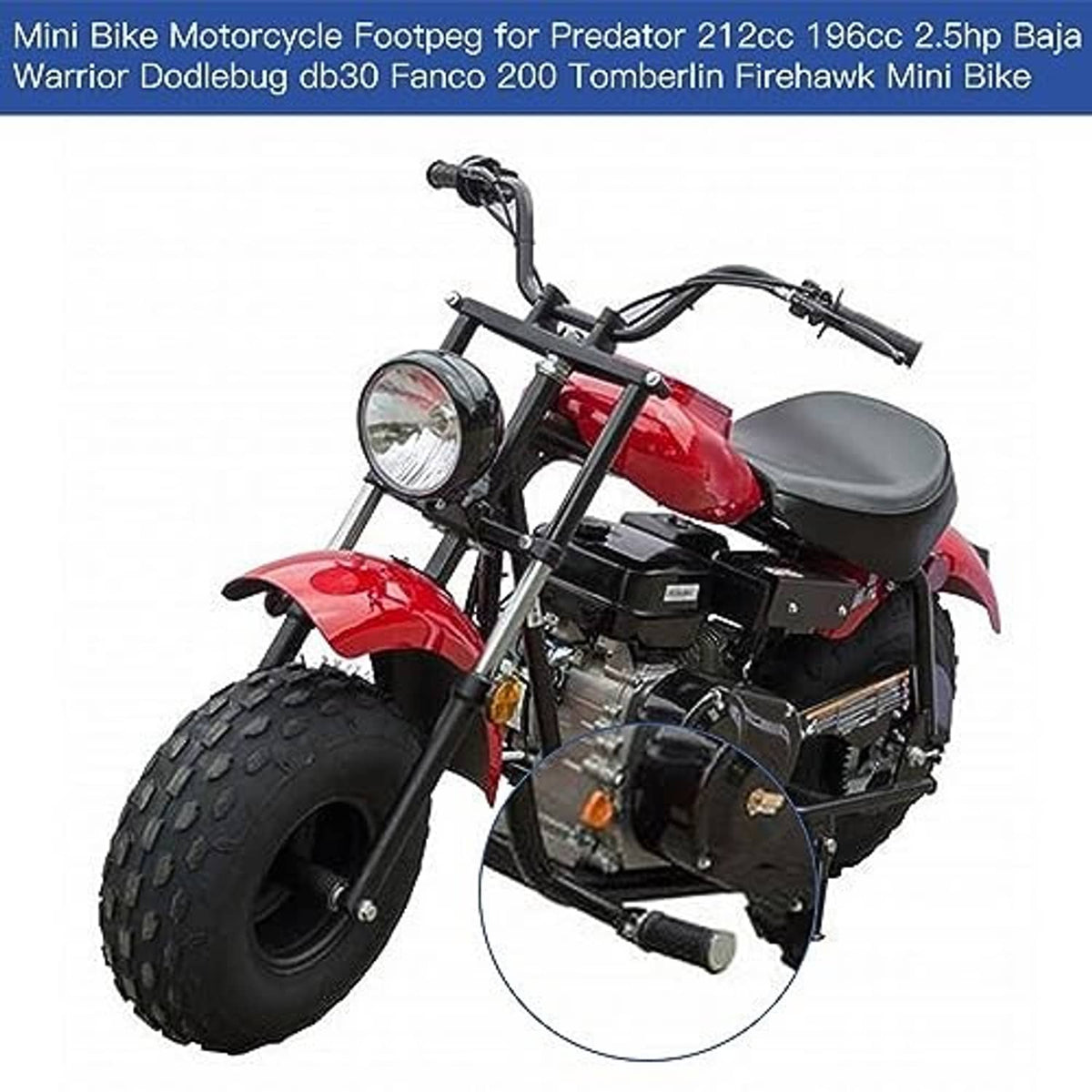 Mini bike foot peg pair on a small red motorcycle, black grips with silver brackets