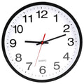 Black wall clock with white face, black numbers, red second hand, quartz movement.