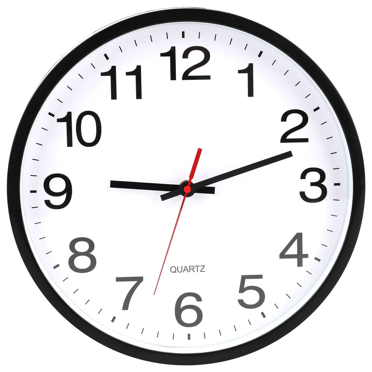Black wall clock with white face, black numbers, red second hand, quartz movement.