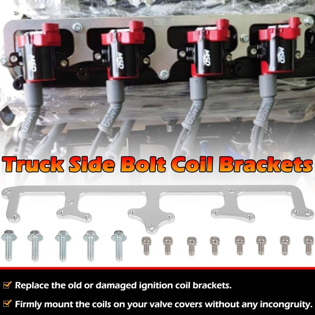 Truck side coil bolt brackets with red coil packs and mounting screws, silver brackets