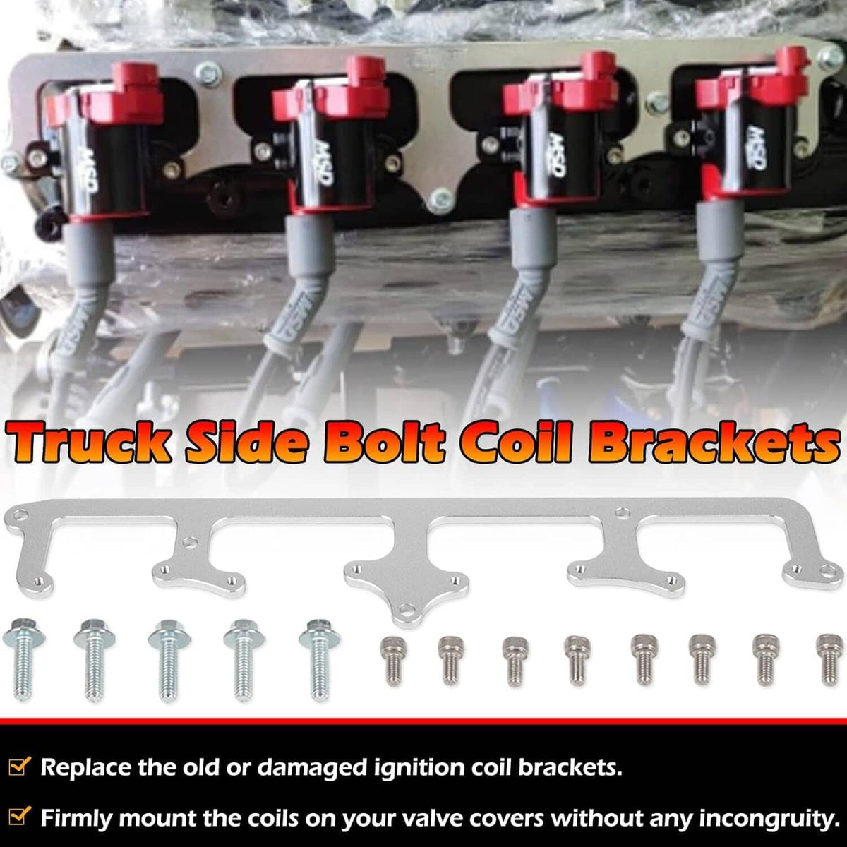 Truck side coil bolt brackets with red coil packs and mounting screws, silver brackets