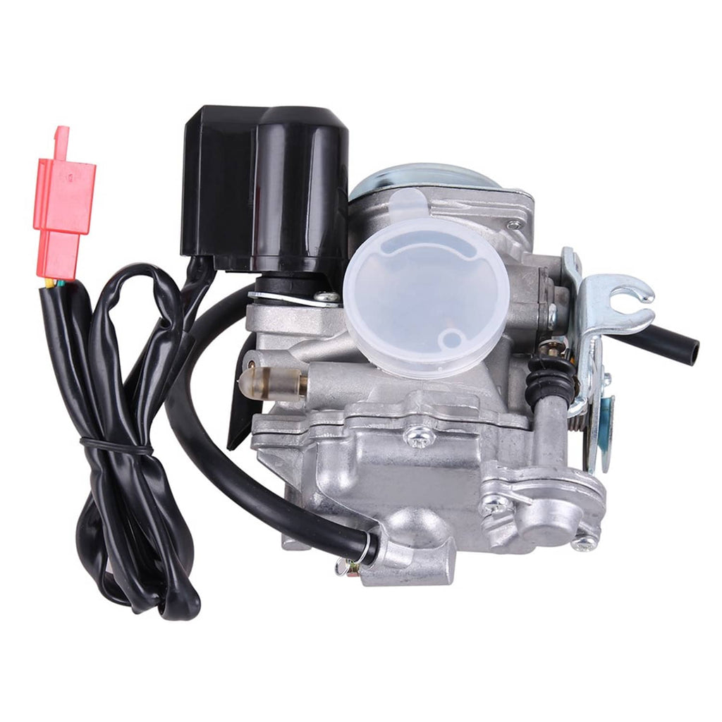 Carburetor with black air intake horn, translucent top cover, and attached wiring harness